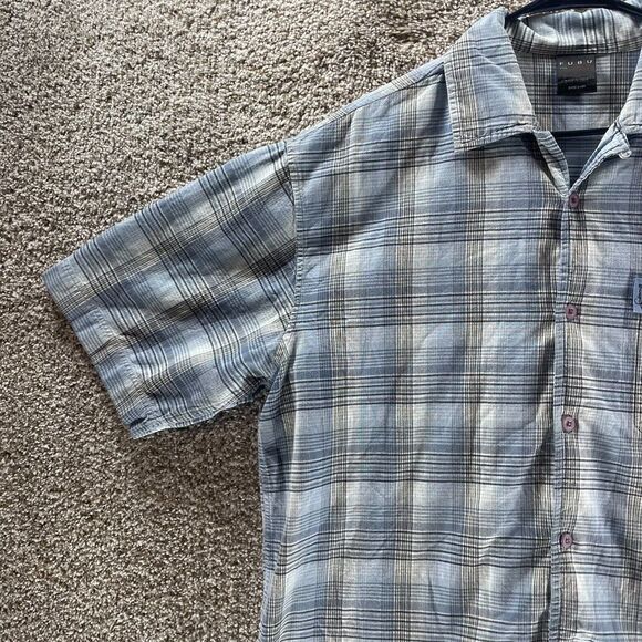 FUBU Shirt Mens Large Blue Plaid Short Sleeve Button Up Hip Hop Streetwear Logo - Picture 4 of 12